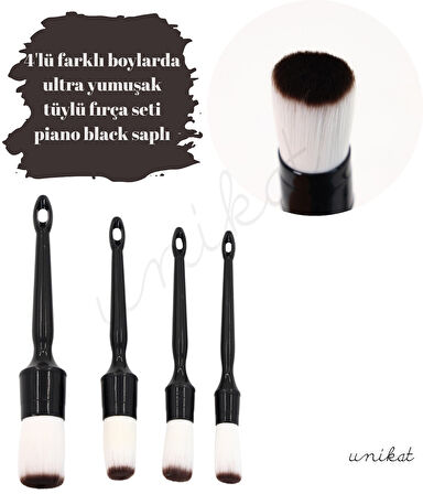 4'lü Hassas Araç Fırça Seti Yumuşak Başlıklar - Piano Black Saplı, Beyaz Tüylü