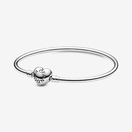 Pandora 596268 17cm-Moments Gümüş Bangle, Logo Kalpli Klipsli Bileklik