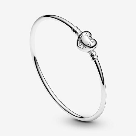 Pandora 596268 17cm-Moments Gümüş Bangle, Logo Kalpli Klipsli Bileklik