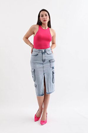 Kadın Kargo Cepli Önden Yırtmaçlı Jean Etek Buz Mavi