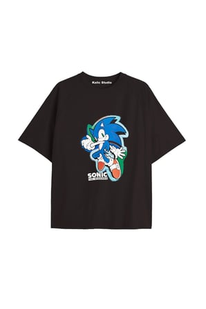 UNİSEX Bay Sonic Desenli Siyah Yazlık T-shirt