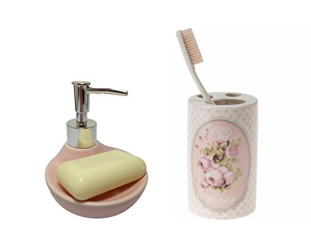 SIVI SABUNLUK,DİŞ FIRÇALIK 2 Lİ BANYO SETİ,ÇİÇEKLİ PEMBE