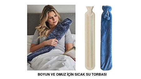 SICAK SU TORBASI BOYUN VE OMUZ ICIN  UZUN PELUŞ MAVİ PONPONLU 2LT TERMOFOR 75x13CM