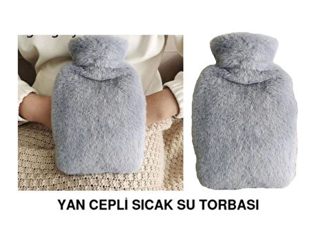 SICAK SU TORBASI YAN CEPLİ GRİ  PELUŞ TERMOFOR 27x17x2cm  750ml