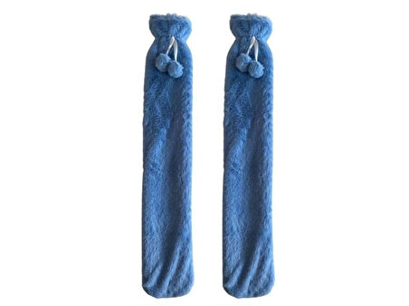 SICAK SU TORBASI 2 ADET,BOYUN VE OMUZ ICIN  UZUN PELUŞ MAVİ PONPONLU 2LT TERMOFOR 75x13CM