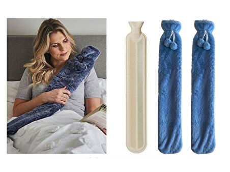 SICAK SU TORBASI 2 ADET,BOYUN VE OMUZ ICIN  UZUN PELUŞ MAVİ PONPONLU 2LT TERMOFOR 75x13CM