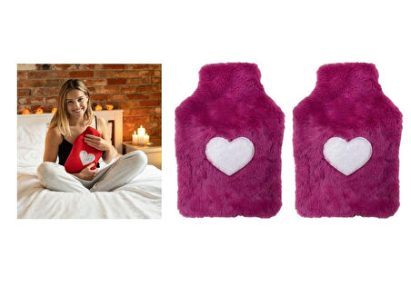 SICAK SU TORBASI 2 ADET,PELUŞ KALPLİ,PEMBE TERMOFOR 29x17CM 750ml