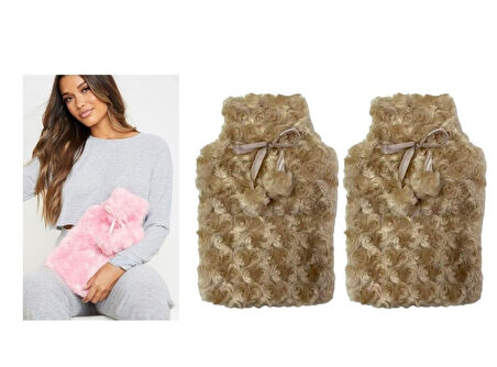SICAK SU TORBASI 2 ADET,PONPONLU TERMOFOR PELUŞ BEJ  28x17CM 750ml