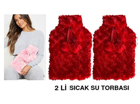 SICAK SU TORBASI 2 ADET,KIRMIZI RENKLİ,PONPONLU TERMOFOR 26X17X2CM 1 LİTRE
