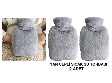 SICAK SU TORBASI 2 ADET,YAN CEPLİ GRİ PELUŞ TERMOFOR 27x17x2cm  750ml