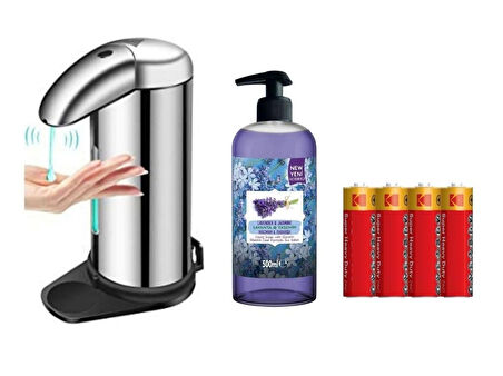 SENSÖRLÜ FOTOSELLİ SIVI SABUNLUK,PİLLER DAHİL 14X10X22CM VE BİR ADET 500 ML SIVI SABUN LAVANTA KOKULU