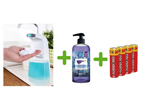 SENSÖRLÜ FOTOSELLİ SIVI SABUNLUK,PİLLER DAHİL 21X10X5CM VE BİR ADET 500 ML SIVI SABUN LAVANTA KOKULU