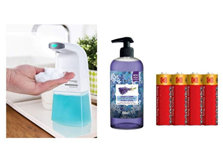 SENSÖRLÜ FOTOSELLİ SIVI SABUNLUK,PİLLER DAHİL 21X10X5CM VE BİR ADET 500 ML SIVI SABUN LAVANTA KOKULU