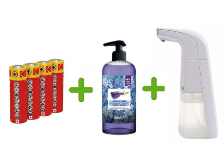 SENSÖRLÜ FOTOSELLİ SIVI SABUNLUK,PİLLER DAHİL 21X10X5CM VE BİR ADET 500 ML SIVI SABUN LAVANTA KOKULU