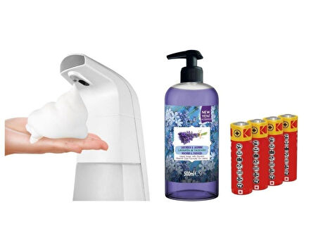 SENSÖRLÜ FOTOSELLİ SIVI SABUNLUK,PİLLER DAHİL 21X10X5CM VE BİR ADET 500 ML SIVI SABUN LAVANTA KOKULU