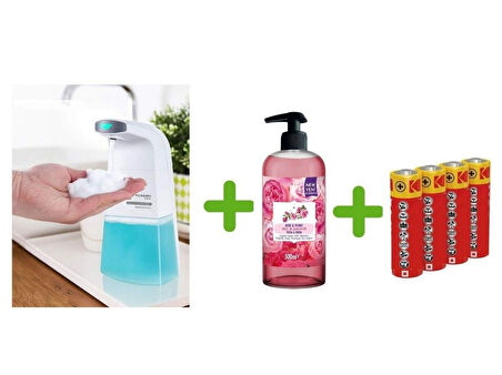 SENSÖRLÜ FOTOSELLİ SIVI SABUNLUK,PİLLER DAHİL 21X10X5CM VE BİR ADET 500 ML SIVI SABUN GÜL KOKULU