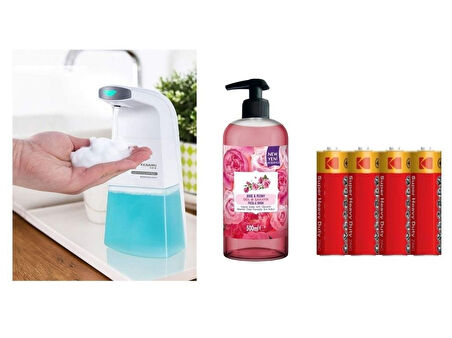 SENSÖRLÜ FOTOSELLİ SIVI SABUNLUK,PİLLER DAHİL 21X10X5CM VE BİR ADET 500 ML SIVI SABUN GÜL KOKULU