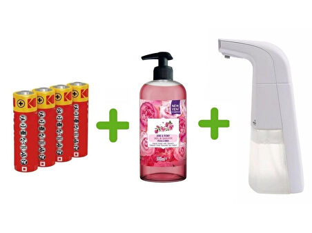 SENSÖRLÜ FOTOSELLİ SIVI SABUNLUK,PİLLER DAHİL 21X10X5CM VE BİR ADET 500 ML SIVI SABUN GÜL KOKULU