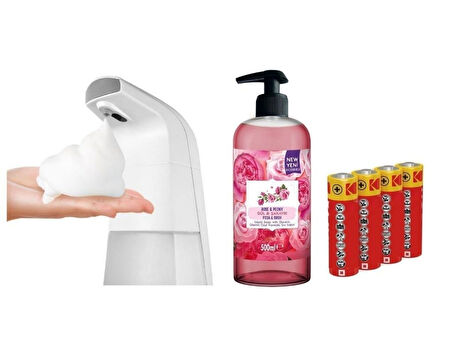 SENSÖRLÜ FOTOSELLİ SIVI SABUNLUK,PİLLER DAHİL 21X10X5CM VE BİR ADET 500 ML SIVI SABUN GÜL KOKULU