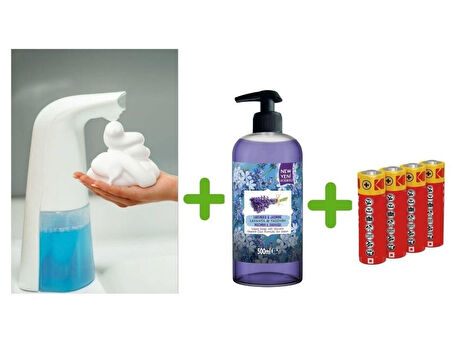SENSÖRLÜ FOTOSELLİ SIVI SABUNLUK,PİLLER DAHİL 21X5X10CM VE BİR ADET 500 ML SIVI SABUN LAVANTA KOKULU