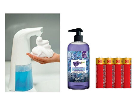 SENSÖRLÜ FOTOSELLİ SIVI SABUNLUK,PİLLER DAHİL 21X5X10CM VE BİR ADET 500 ML SIVI SABUN LAVANTA KOKULU