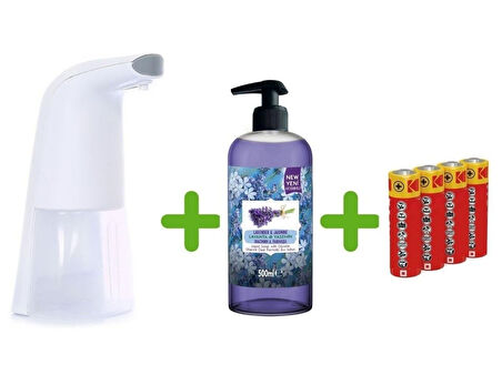 SENSÖRLÜ FOTOSELLİ SIVI SABUNLUK,PİLLER DAHİL 21X5X10CM VE BİR ADET 500 ML SIVI SABUN LAVANTA KOKULU