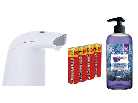 SENSÖRLÜ FOTOSELLİ SIVI SABUNLUK,PİLLER DAHİL 21X5X10CM VE BİR ADET 500 ML SIVI SABUN LAVANTA KOKULU