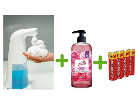 SENSÖRLÜ FOTOSELLİ SIVI SABUNLUK,PİLLER DAHİL 21X5X10CM VE BİR ADET 500 ML SIVI SABUN GÜL KOKULU