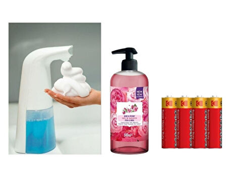 SENSÖRLÜ FOTOSELLİ SIVI SABUNLUK,PİLLER DAHİL 21X5X10CM VE BİR ADET 500 ML SIVI SABUN GÜL KOKULU