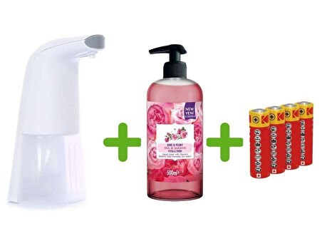 SENSÖRLÜ FOTOSELLİ SIVI SABUNLUK,PİLLER DAHİL 21X5X10CM VE BİR ADET 500 ML SIVI SABUN GÜL KOKULU