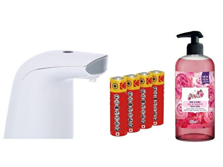 SENSÖRLÜ FOTOSELLİ SIVI SABUNLUK,PİLLER DAHİL 21X5X10CM VE BİR ADET 500 ML SIVI SABUN GÜL KOKULU