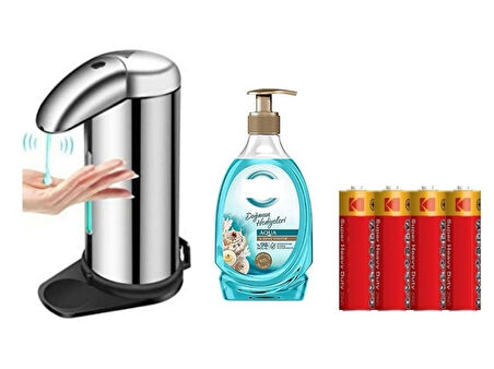 SENSÖRLÜ FOTOSELLİ SIVI SABUNLUK,PİLLER DAHİL 14X10X22CM VE BİR ADET 392 ML SIVI SABUN AQUA VE DENİZ ESİNTİSİ