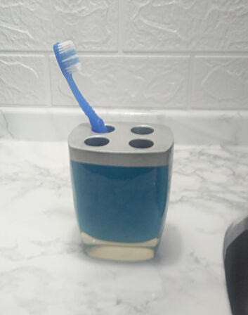 2 ADET DİŞ FIRÇALIK GRİ MAVİ POLİRESİN 8X4X11CM BANYO SETİ