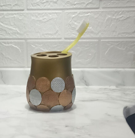 2 ADET DİŞ FIRÇALIK ALTIN PUANLI POLİRESİN 9X9X10CM BANYO SETİ