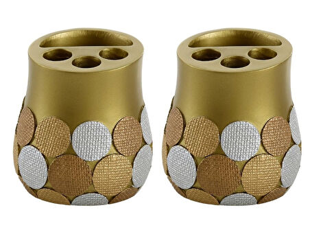 2 ADET DİŞ FIRÇALIK ALTIN PUANLI POLİRESİN 9X9X10CM BANYO SETİ