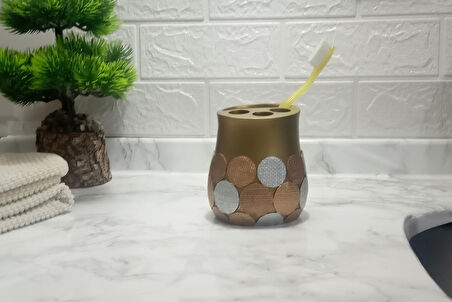 2 ADET DİŞ FIRÇALIK ALTIN PUANLI POLİRESİN 9X9X10CM BANYO SETİ