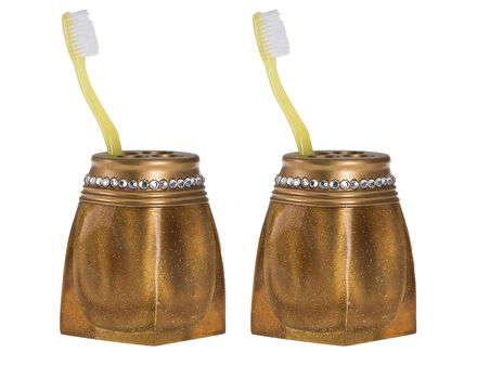 2 ADET DİŞ FIRÇALIK TAŞLI ALTIN POLİRESİN 7X7X10CM BANYO SETİ