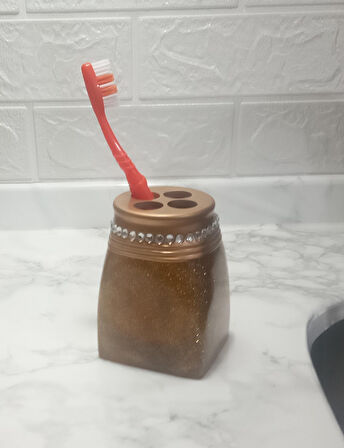 2 ADET DİŞ FIRÇALIK TAŞLI ALTIN POLİRESİN 7X7X10CM BANYO SETİ