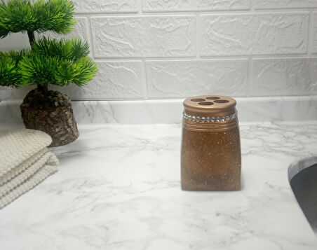 2 ADET DİŞ FIRÇALIK TAŞLI ALTIN POLİRESİN 7X7X10CM BANYO SETİ