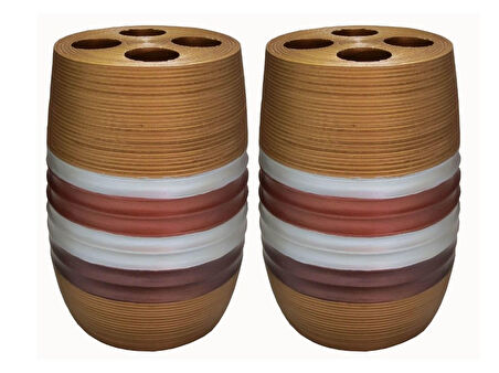 2 ADET DİŞ FIRÇALIK METALİK KAHVE POLİRESİN 6X6X12CM BANYO SETİ