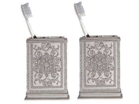 2 ADET DİŞ FIRÇALIK DEKORATİF İŞLEMELİ GÜMÜŞ POLİRESİN 8X6X11CM