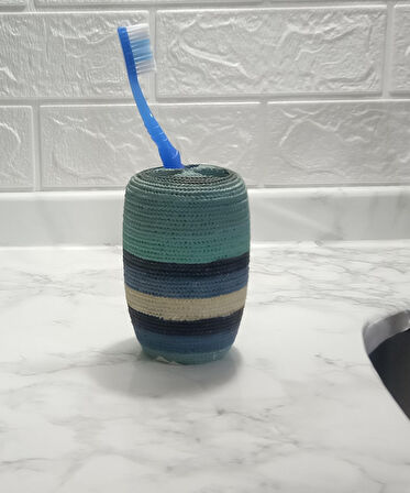 2 ADET DİŞ FIRÇALIK MAVİ ÖRGÜ POLİRESİN 7X7X11CM BANYO SETİ