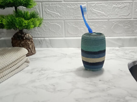 2 ADET DİŞ FIRÇALIK MAVİ ÖRGÜ POLİRESİN 7X7X11CM BANYO SETİ