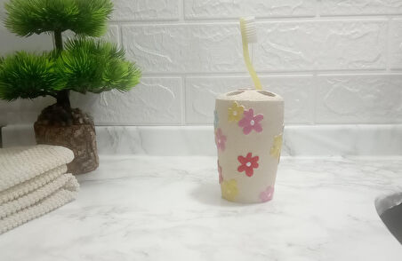 2 ADET DİŞ FIRÇALIK RENKLİ PAPATYALI POLİRESİN 5X5X11CM BANYO SETİ