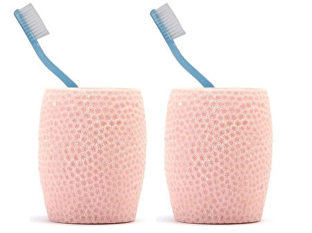 2 ADET DİŞ FIRÇALIK,MACUNLUK PEMBE PETEK DESENLİ POLİRESİN 8X8X10CM 400ML BANYO SETİ