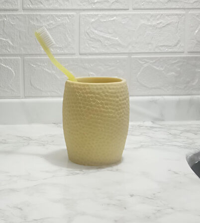 2 ADET DİŞ FIRÇALIK,MACUNLUK SARI PETEK DESENLİ POLİRESİN 8X8X10CM 400ML BANYO SETİ