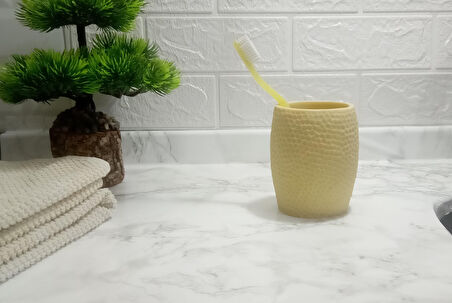 2 ADET DİŞ FIRÇALIK,MACUNLUK SARI PETEK DESENLİ POLİRESİN 8X8X10CM 400ML BANYO SETİ