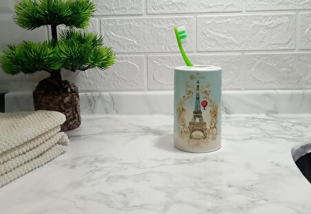 2 ADET SERAMİK DİŞ FIRÇALIK ROMANTİK YEŞİL MODEL 7X7X11CM BANYO SETİ