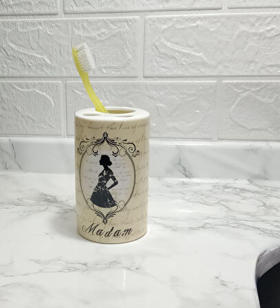 2 ADET SERAMİK DİŞ FIRÇALIK MADAM DESENLİ 7X7X11CM BANYO SETİ