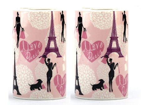 2 ADET SERAMİK DİŞ FIRÇALIK KIZLI PARİS DESENLİ 7X7X11CM BANYO SETİ